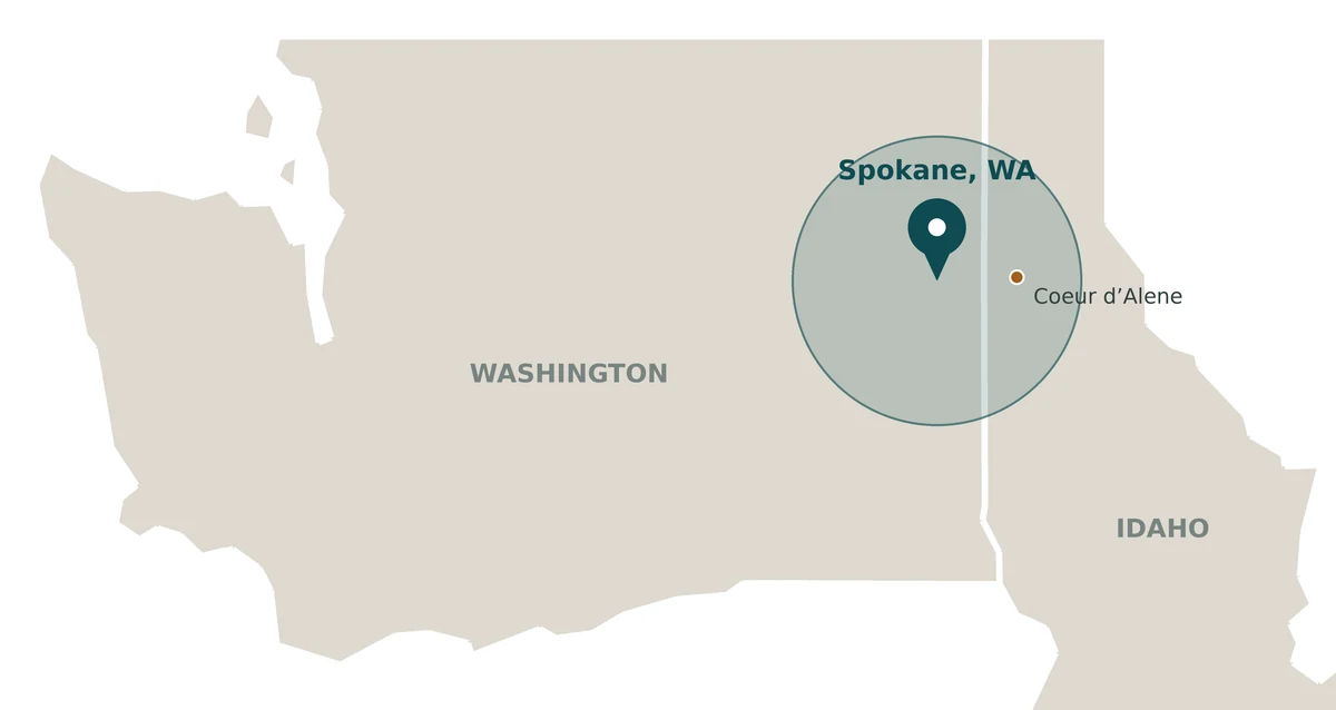 Map of the LAV Spokane Painting service area, centred on Spokane, WA and covering Eastern Washington and Northern Idaho including Coeur d’Alene
