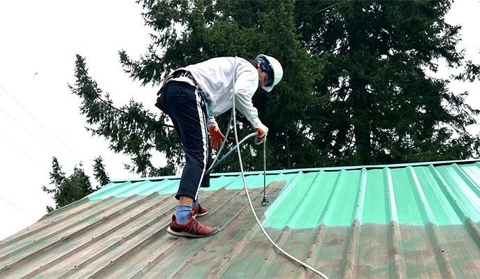 painter paints roof after cleaning roof from rust and moss