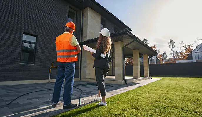 builder and designer inspect finished house