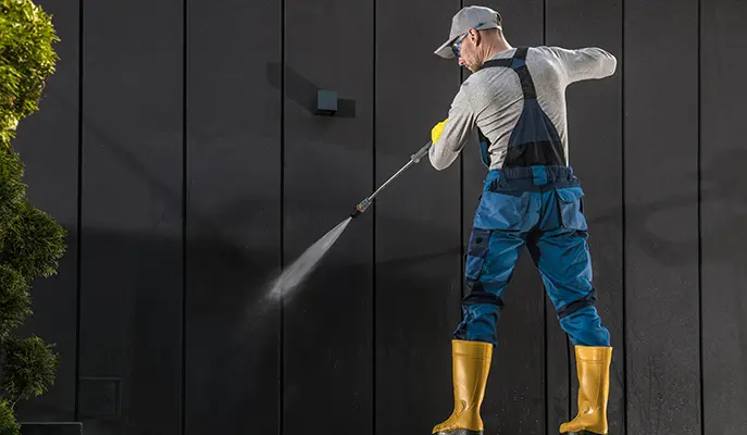 worker in grey uniform exterior house cleaning exterior with high pressure washer