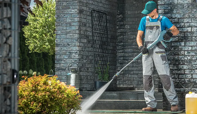 worker in green cap doing external cleaning with high pressure washer