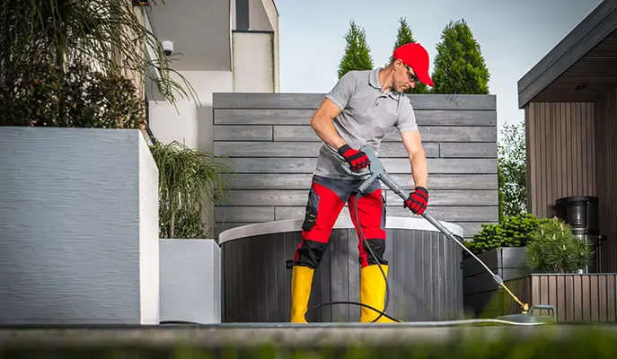 worker cleaning external area with high pressure washer