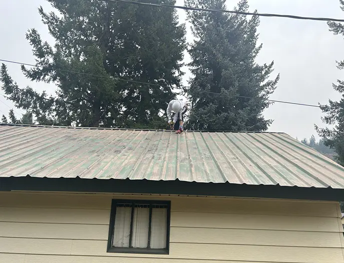 A worker inspects the condition of the roof before cleaning begins