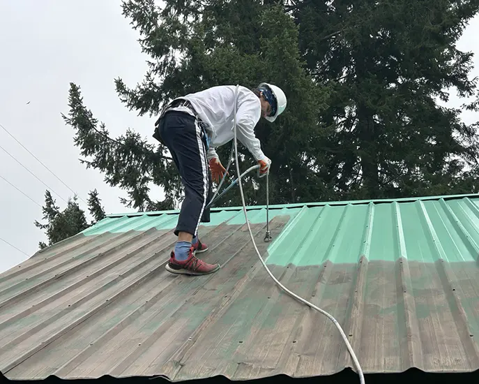 the process of painting the roof green